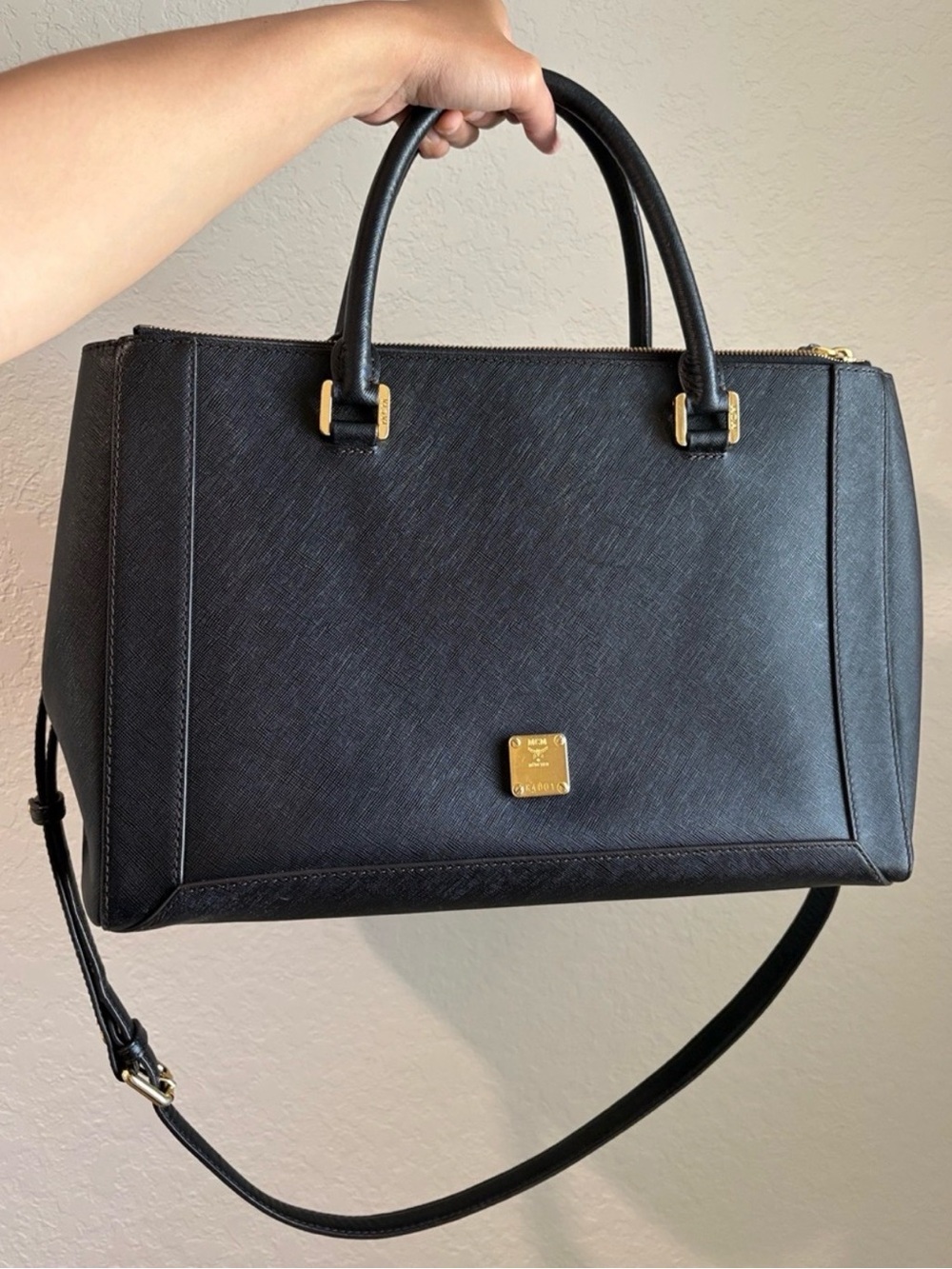 MCM Black Saffiano / Crosshatched Leather Double-Zip Structured Satchel Like New - Picture 14 of 14